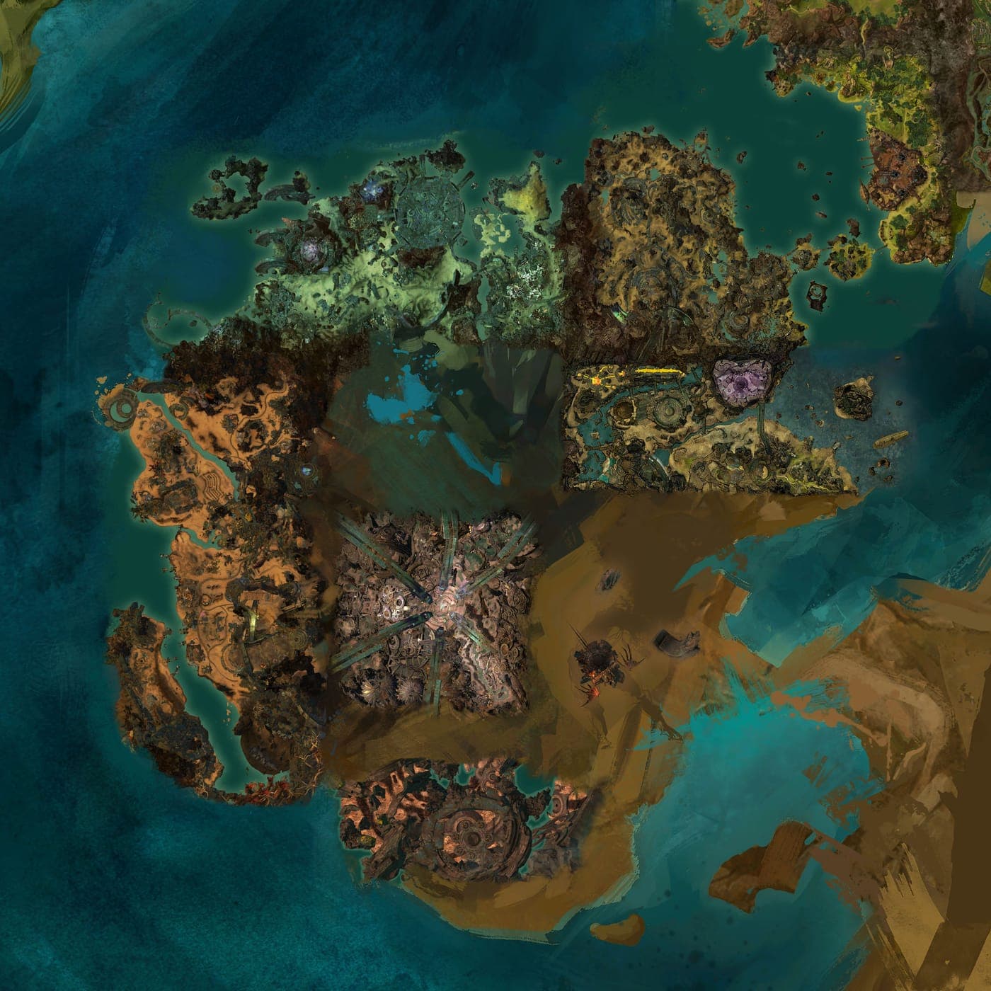In game map of the Ruins of Orr region in Guild Wars 2, with the city of Arah at its centre
